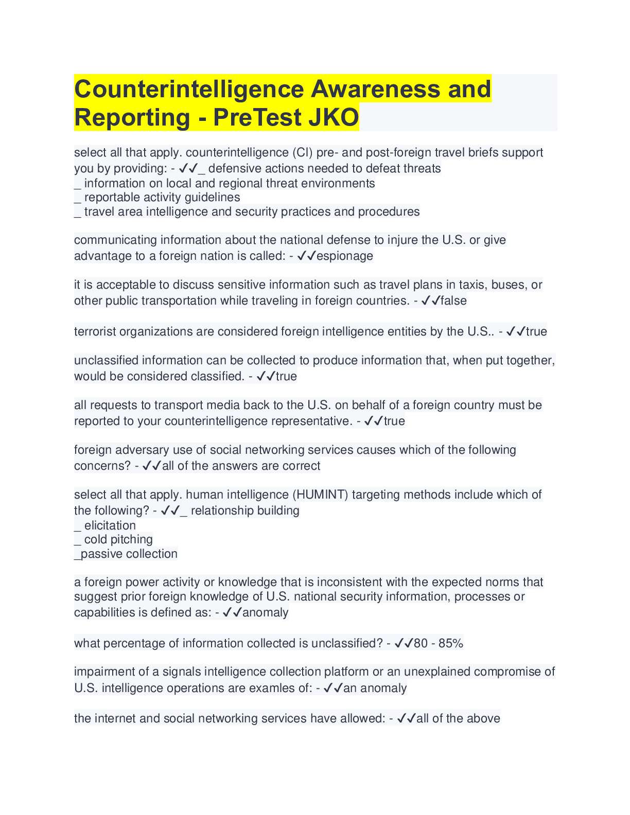 Preview image for Counterintelligence Awareness and Reporting - PreTest JKO